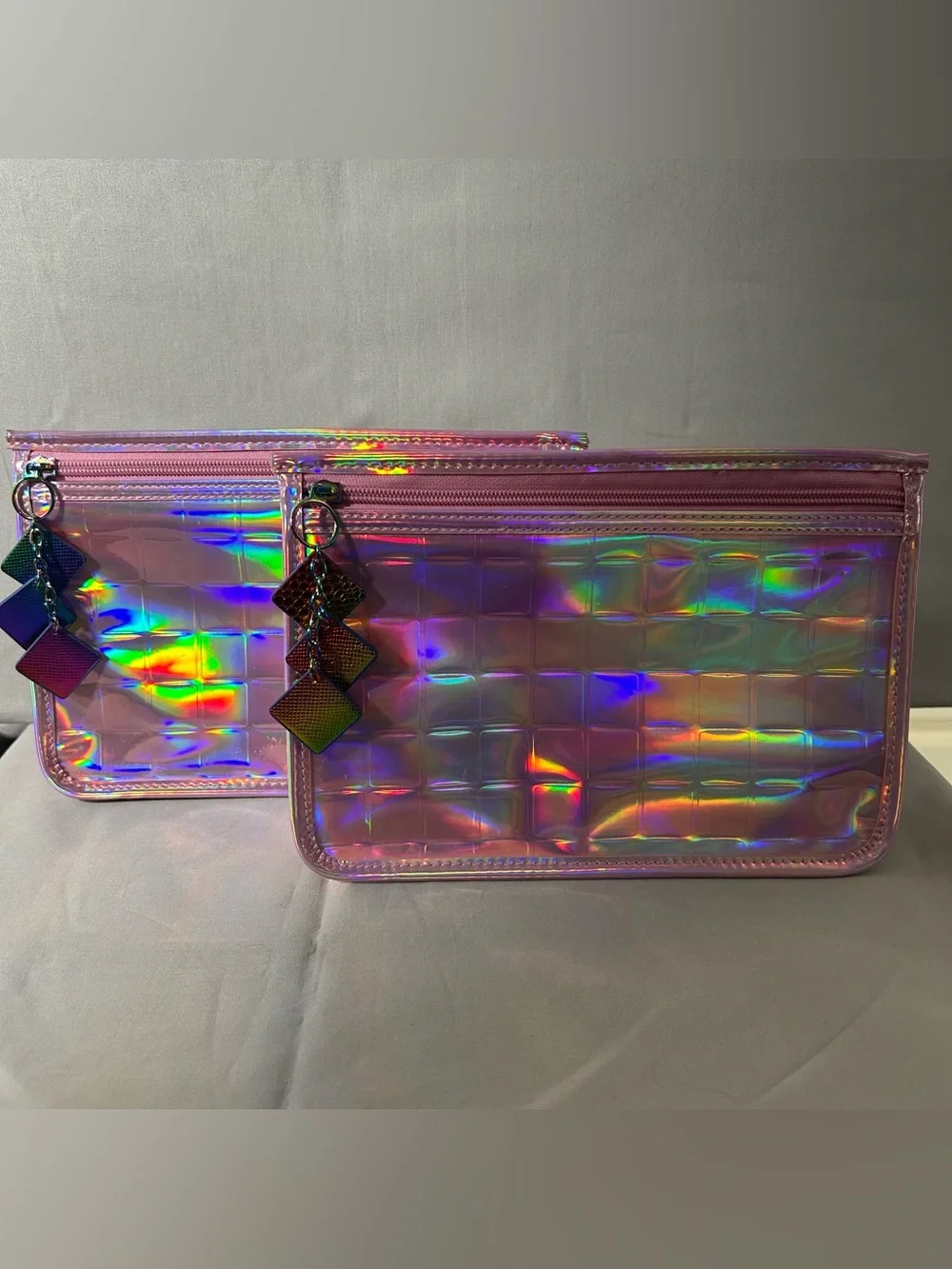Lot Of 2 Holographic Makeup Organizer Bag Cosmetic Pouch Clutch Travel Toiletry